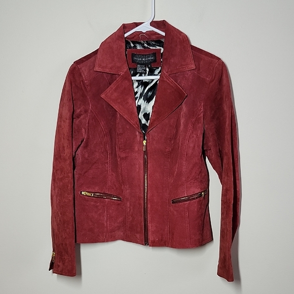 Live A Little Red Suede Jacket Leopard Lined Womens Medium Moto Jacket Bikercore - Picture 1 of 11